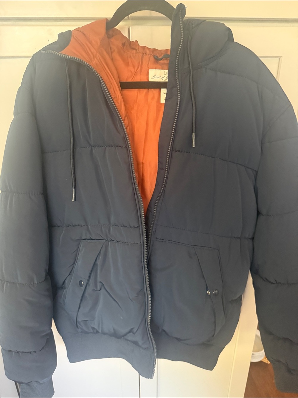H&M Navy Puffer Jacket with Orange Hood Lining - Picture 6 of 8